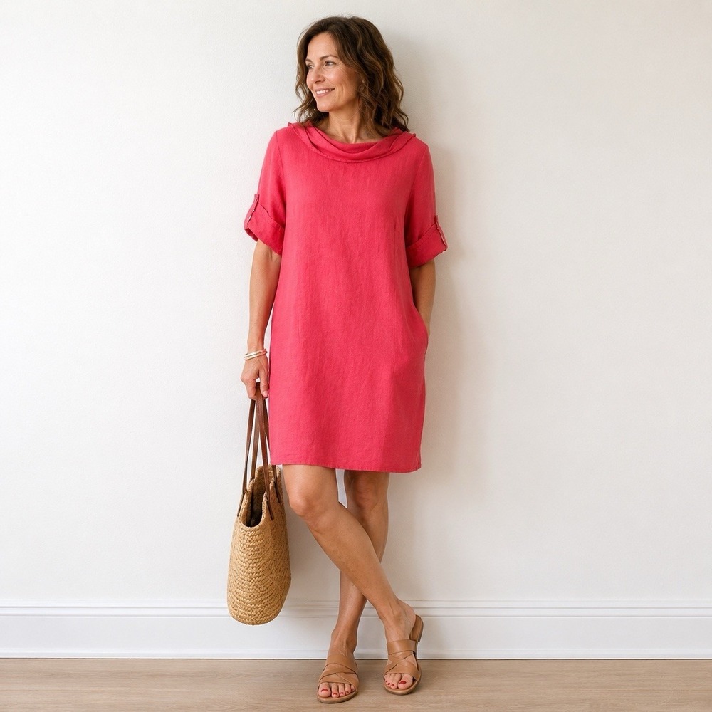 Italian Linen Shift Dress Size Medium Casual Summer Old Money Watermelon Pink
